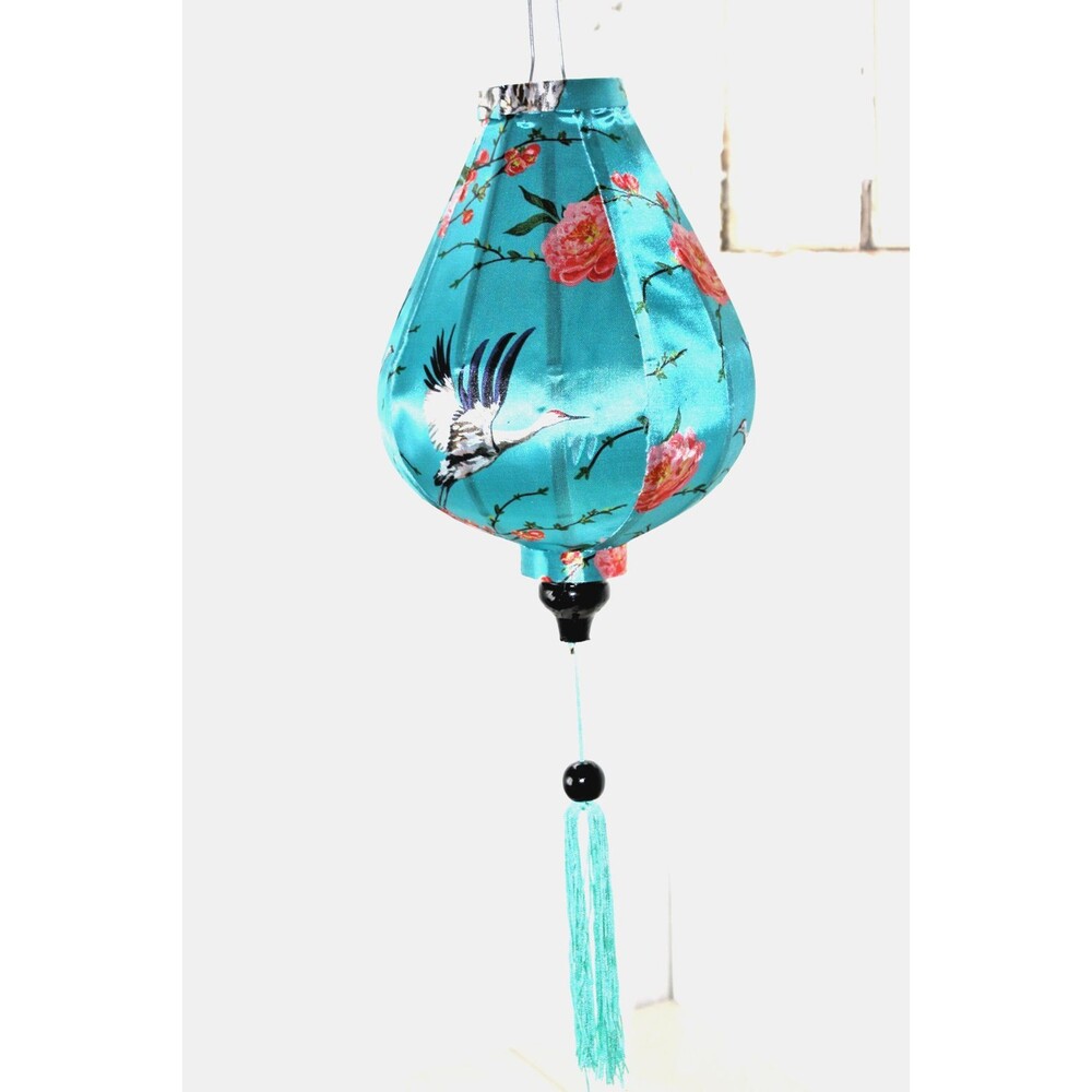 Chinese Lantern Asian Turquoise Satin w White Ibis Birds Decor